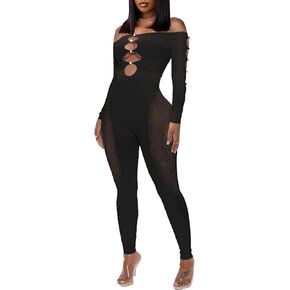 SUZONANA Bodycon See Through Jumpsuit for Women Sexy Leopard Print Pearl Buckle Off-Shoulder Rompers long sleeve Clubwear