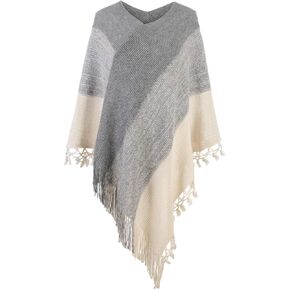 Women Striped Poncho with Tassels Knitted Shawl Scarf Fringed Wrap Sweater Pullover Cape Gifts for Women in Kuwait