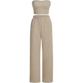 Floerns Women's 2 Piece Outfit Bandeau Crop Tube Top and Wide Leg Pants Set