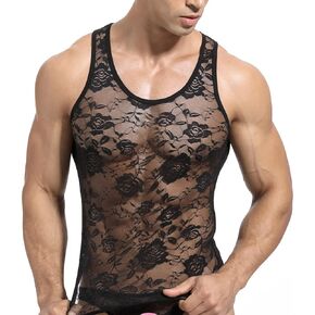 Men's Sissy Lace Mesh Fishnet Undershirt Floral Muscle Shirt Sheer Tanks Top Sleeveless Slim Fit Vest Singlet Tee Shirts
