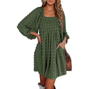 BTFBM Women Square Neck Smocked Summer Fall Dresses 2023 Long Sleeve Floral Swiss Dot Ruffle Party Mini Babydoll Dress