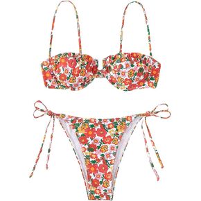 WDIRARA Women's Floral Print Underwired Tie Side 2 Piece Bikini Set Cute Swimsuit