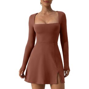 QINSEN Womens Square Neck Bodice Dress Long Sleeve Side Slit Flare Mini Dresses