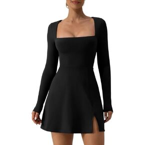 QINSEN Womens Square Neck Bodice Dress Long Sleeve Side Slit Flare Mini Dresses in Kuwait