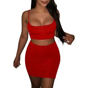 BORIFLORS Women's Sexy 2 Piece Outfits Strap Crop Top Skirt Set Bodycon Mini Dress