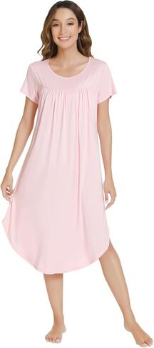 NACHILA Womens Nightgowns -Viscose Made from Bamboo,Soft Nightshirt Short Sleeve Sleepwear Pleated Sleepdress Cool Sleepshirt in Kuwait