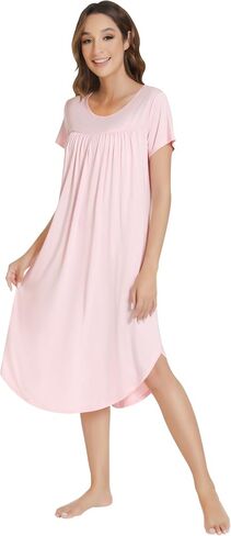 NACHILA Womens Nightgowns -Viscose Made from Bamboo,Soft Nightshirt Short Sleeve Sleepwear Pleated Sleepdress Cool Sleepshirt in Kuwait