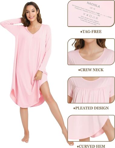 NACHILA Womens Nightgowns -Viscose Made from Bamboo,Soft Nightshirt Short Sleeve Sleepwear Pleated Sleepdress Cool Sleepshirt in Kuwait