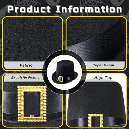 Hoosige 12 Pcs Black Pilgrim Hat for Men Thanksgiving Novelty Top Hats Cosplay Costume for Adult Man Women Holiday Halloween in Kuwait