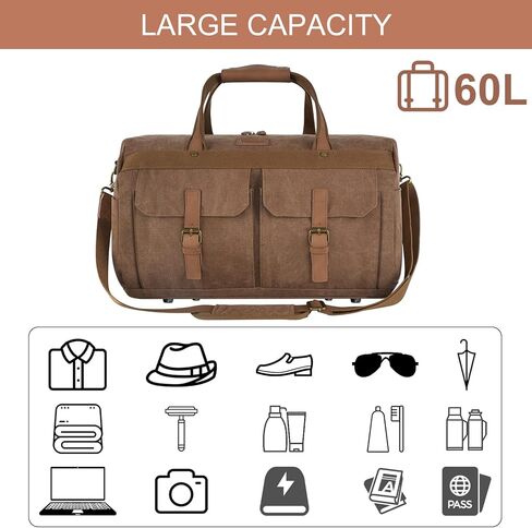 TSA Duffel Bag for Travel, 60L Canvas Duffle Bag for Men with 15.6" Laptop Compartment Airline Approved Carry on Travel Bags with Wet Pocket Water Resistant Gym Weekender Bags for Vacations, Trips in Kuwait