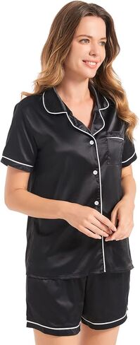 JULGIRL Silk Pajamas Womens Set 2 Piece Summer Sexy Silk Pajama Set Button-Down Shorts Sleepwear Set S-XXL in Kuwait