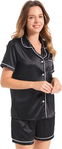 JULGIRL Silk Pajamas Womens Set 2 Piece Summer Sexy Silk Pajama Set Button-Down Shorts Sleepwear Set S-XXL in Kuwait