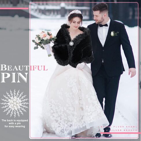 1920s Faux Fur Wrap Shawl Women's Fur Cloak Cape Shawl Luxury Bridal Faux Fur Cape Faux Fur Cloak, Pearl Rhinestone Brooches in Kuwait
