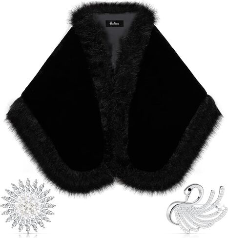 1920s Faux Fur Wrap Shawl Women's Fur Cloak Cape Shawl Luxury Bridal Faux Fur Cape Faux Fur Cloak, Pearl Rhinestone Brooches in Kuwait