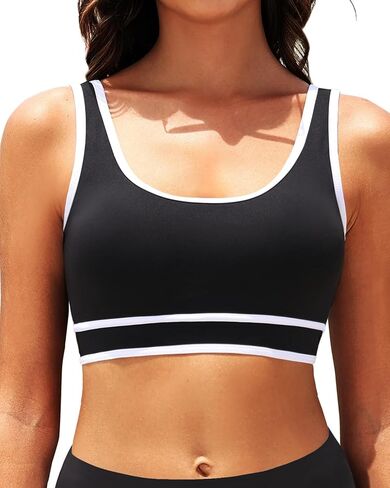 Tempt Me Women Sports Bra Bikini Top Color Block Bathing Suit Top Scoop Neck Swimsuit Top Athletic Crop Top for Teen Girls in Saudi Arabia
