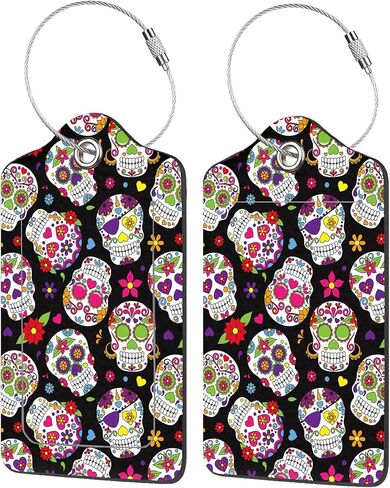 EOBKLAX 2 Pack Luggage Tags for Suitcases,Sugar Skull Luggage Tag,PU Leather Id Label Luggage Tags with Stainless Steel Loop and Privacy Cover for Women Men Teens Travel in Kuwait
