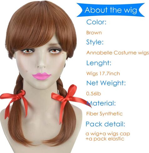 Halloween Women's Wig 17" Long Black Braided Strap Freestyle Bangs and Black Bow Set of 4 in Kuwait