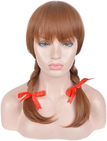 Halloween Women's Wig 17" Long Black Braided Strap Freestyle Bangs and Black Bow Set of 4 in Kuwait