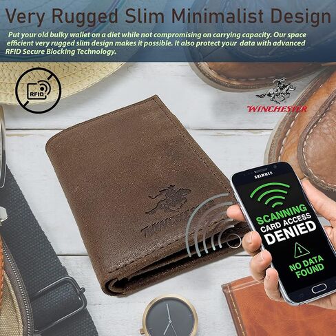وينشستر محافظ ريفية للرجال من الجلد الطبيعي المحبب بالكامل، محفظة من الشامواه المتين ثلاثي الطيات للحماية من تحديد الهوية بموجات الراديو، نافذة لبطاقة الهوية، حجم صغير، بني، ثلاثية الطيات، محفظة in Kuwait