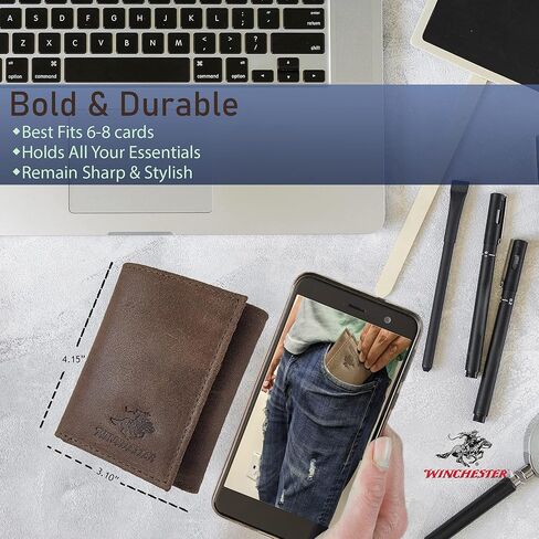 وينشستر محافظ ريفية للرجال من الجلد الطبيعي المحبب بالكامل، محفظة من الشامواه المتين ثلاثي الطيات للحماية من تحديد الهوية بموجات الراديو، نافذة لبطاقة الهوية، حجم صغير، بني، ثلاثية الطيات، محفظة in Kuwait