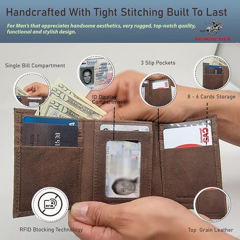 وينشستر محافظ ريفية للرجال من الجلد الطبيعي المحبب بالكامل، محفظة من الشامواه المتين ثلاثي الطيات للحماية من تحديد الهوية بموجات الراديو، نافذة لبطاقة الهوية، حجم صغير، بني، ثلاثية الطيات، محفظة in Kuwait