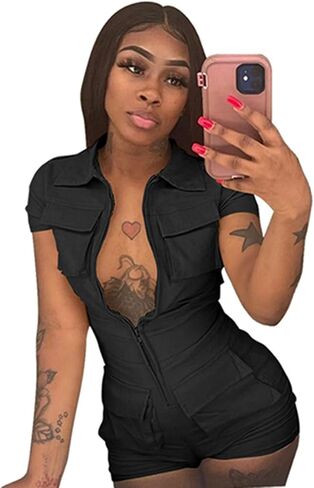 Halfword المرأة مثير Bodycon رومبير زمم بلون سراويل قصيرة قطعة واحدة حللا كلوبوير مع جيوب متعددة in Kuwait