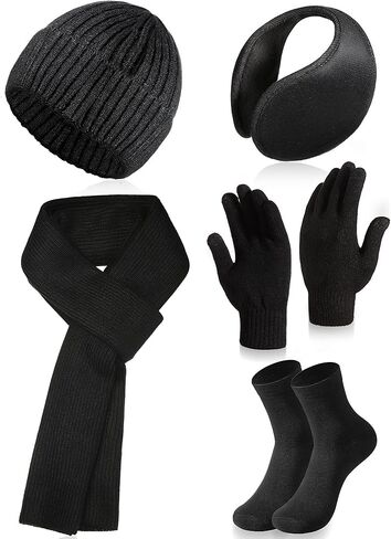 قبعة صغيرة شتوية للرجال مكونة من 5 قطع، قبعة محبوكة على شكل جمجمة ووشاح لتدفئة الرقبة وقفازات تعمل باللمس، مجموعة جوارب للصديق، الرجال، المراهقين، اسود، مقاس واحد, أسود, مقاس واحد in Kuwait