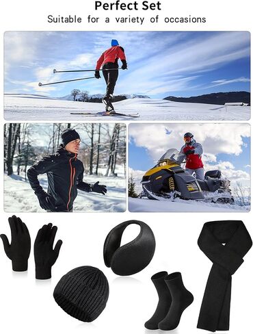 قبعة صغيرة شتوية للرجال مكونة من 5 قطع، قبعة محبوكة على شكل جمجمة ووشاح لتدفئة الرقبة وقفازات تعمل باللمس، مجموعة جوارب للصديق، الرجال، المراهقين، اسود، مقاس واحد, أسود, مقاس واحد in Kuwait