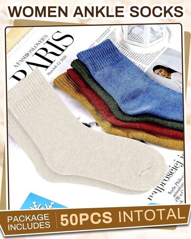 Jecery 50 Pairs Crew Socks Bulk Colorful Boot Socks Ankle Socks Warm Thick Knit Winter Slouch Sock Unisex Socks for Women Men Gifts Red, Yellow, Blue, Green, White One Size in Saudi Arabia