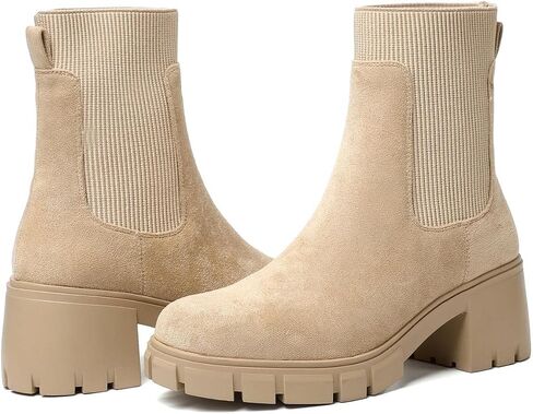 GOUPSKY Womens Ankle Boots Lug Sole Comfortable Slip On Chelsea Booties Elastic Gore in Kuwait