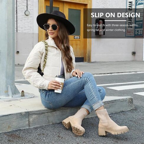 GOUPSKY Womens Ankle Boots Lug Sole Comfortable Slip On Chelsea Booties Elastic Gore in Kuwait