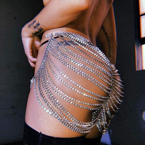 Rhinestone Body Chain Silver Layered Waist Belly Chain Beach Harness Hip Body Jewelry for Women and Girls in Saudi Arabia