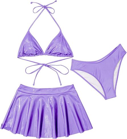 3 Piece Triangle Swimsuits for Women Metallic Bikini Sets Thong Bathing Suit with Beach Skirt Sexy Festival Rave Outfits in Kuwait