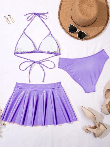 3 Piece Triangle Swimsuits for Women Metallic Bikini Sets Thong Bathing Suit with Beach Skirt Sexy Festival Rave Outfits in Kuwait