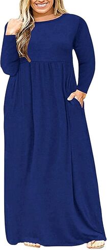 KARALIN Women's Plus Size Long Sleeve Loose Plain Casual Long Maxi Dresses with Pockets in Kuwait