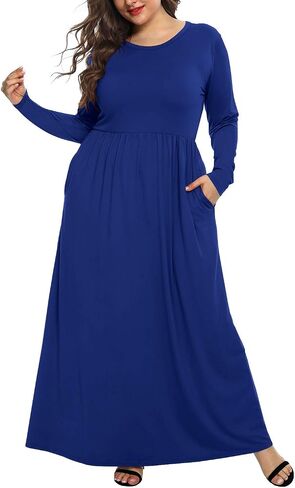 KARALIN Women's Plus Size Long Sleeve Loose Plain Casual Long Maxi Dresses with Pockets in Kuwait