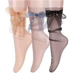 Benefeet Sox Womens Girls Sheer Mesh Decorated Tulle Socks Novelty Slouch Socks See Through Nylon Lace Loose Sock