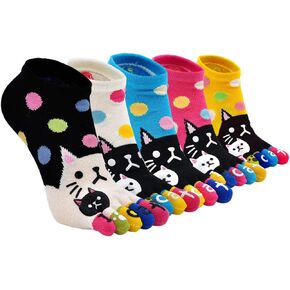ZAKASA Womens Funny Toe Sock Cotton Five Finger Running Ankle Novelty Socks (Animal cat, US shoe 6-9)