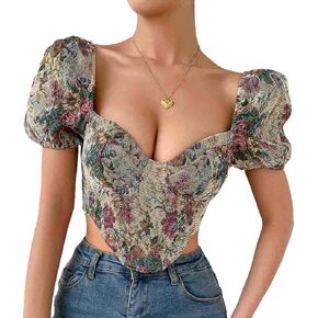 Aularso Court Vintage Floral Corset Top Puff Sleeve Corset Tops Bustier Zipper Summer Going Out Crop Top for Women