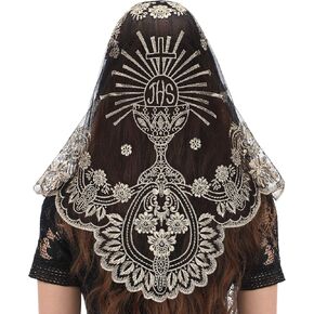 Bozidol Traditional Triangular church veil - Spanish Style with Holy Grail Embroidery Lace Mantilla veil for women