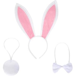 JIALWEN Easter Bunny Ears Headband 3 Piece Set Plush Rabbit Ears Headband Bowtie and Tail Party Cosplay Halloween Costume Accessories(White/Pink) in Kuwait