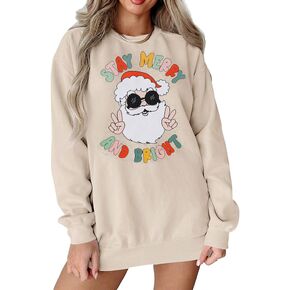 BOUTIKOME Womens Christmas Sweatshirt Santa Claus Stay Merry And Bright Shirt Vintage Santa Graphic Crewneck Sweater Top