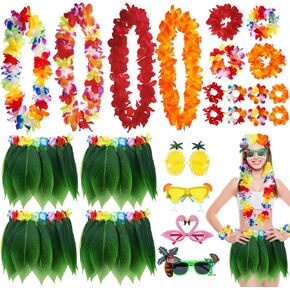 Hoteam 4 Sets Hawaiian Luau Party Accessories Hula Dancer Grass Skirt Leis Costume Flower Headband Necklace Bracelets Sunglasses Luau Favors for Women Summer Beach Themed Party Decoration Supplies in Saudi Arabia
