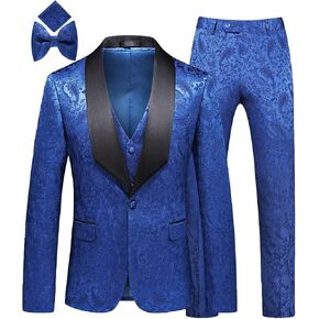 MOGU Mens 3 Piece Tuxedo Slim Fit Jacquard Floral Vintage Groomsmen Wedding Prom Suit
