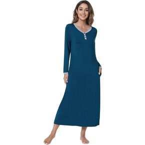 NACHILA Women's Nightgown Bamboo Sleepshirts Long Sleeve Sleepwear Full Length Henley Sleep Dress S-4XL in Kuwait