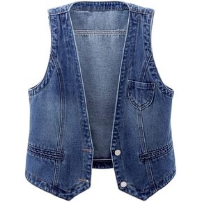 Ladyful Women's Classic Crop Denim Waistcoat Vest Sleeveless Jean Coat