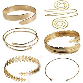 Caiyao 6-8Pcs Exaggerated Cuff Upper Snake Leaf Bracelet Bangle Band Armlet for Women Men Girl Boy Stackable Open Adjustable Polished Gold Silver Plated Armband Arm Jewelry