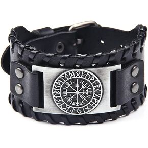 Thajaling Black Leather Bracelet Viking Vegvisir Campass Nordic Runes Leather Wristband Bangle Bracelet for Men in Saudi Arabia