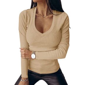 Womens Long Sleeve Shirt Top Deep V Neck Ribbed Knit Casual Slim Fit Basic Sexy T-Shirt