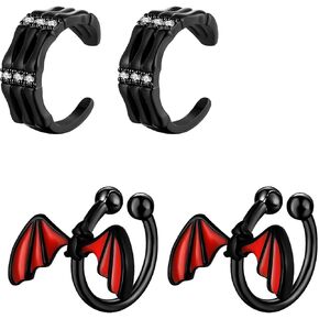 SENNI Halloween Black Skeleton Hands Red Bat Ear الكفة أقراط غير خارقة وهمية اللولب الغضروف الكفة أقراط أنماط مختلفة محارة الأذن الأصفاد المجوهرات الجميلة للنساء والرجال in Kuwait